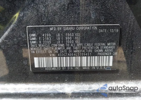 2020 Subaru Impreza 5-Door z USA, uszkodzony, nr VIN 4S3GTAB64L3709451